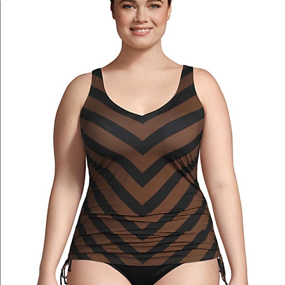 Land’s End Tankini top adjustable sides straps top underwire chevron Brn blk  8